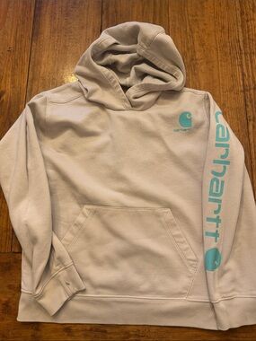 Carhartt Kids  Cream Hoodie with Teal Logo and Sleeve Script